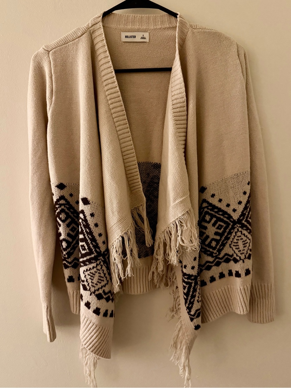 Hollister Cream and Black Fringe Open-Front Cardigan
